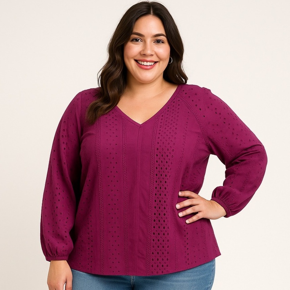 Indigo Thread‎ Co Eyelet Blouse 1X Purple Boho Cotton Top Long Sleeve V- Neck